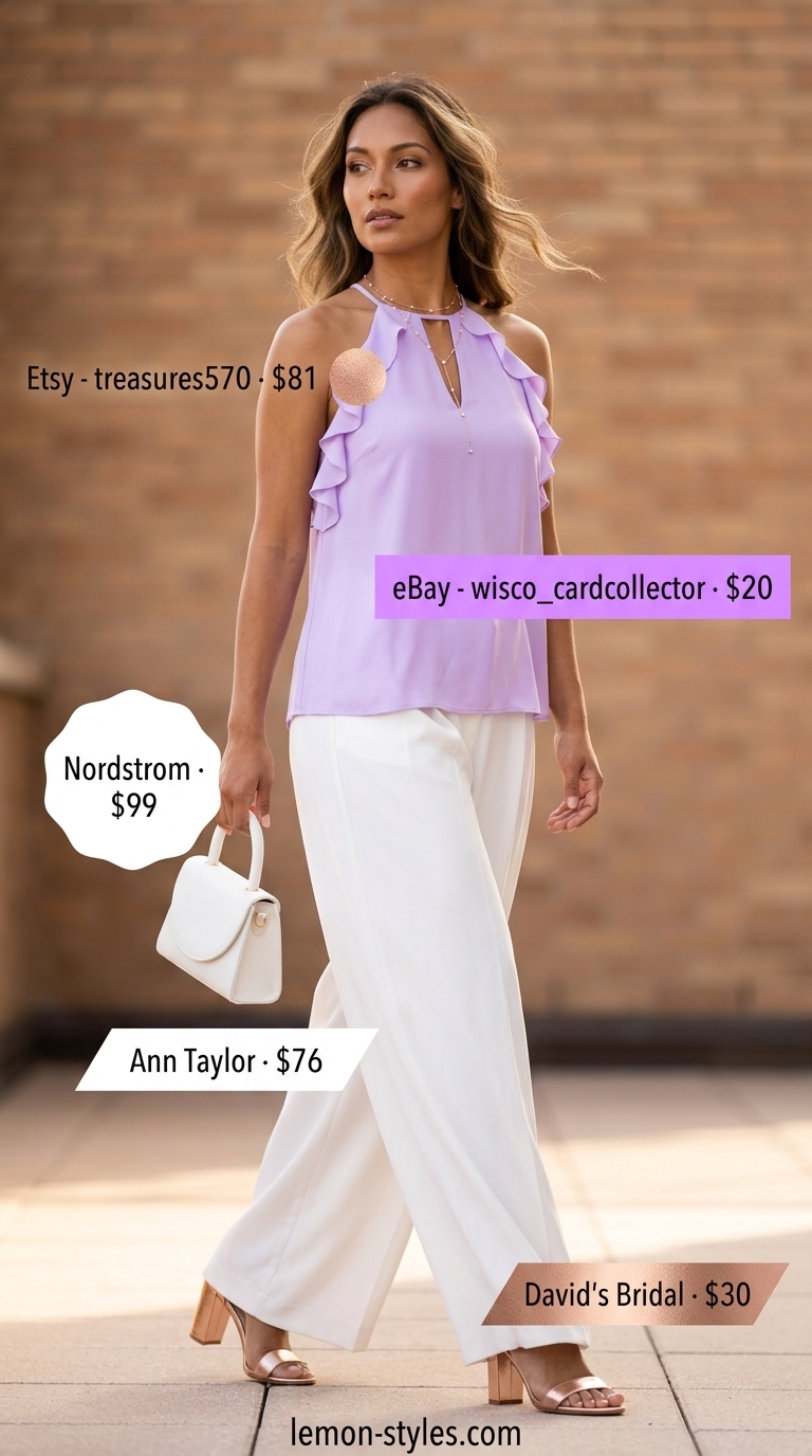 Romantic summer halter top with wide pants outfits for women 2026: lavender halter, white wide pants, rose gold heels, mini bag.
