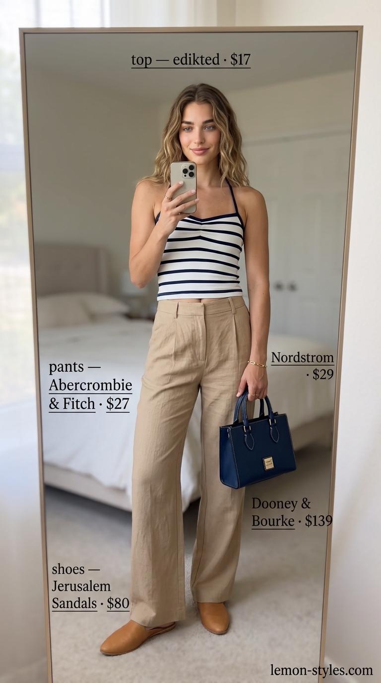 Sophisticated summer halter top with wide pants outfits for women 2026: navy striped halter, beige wide pants, tan mules, navy bag.