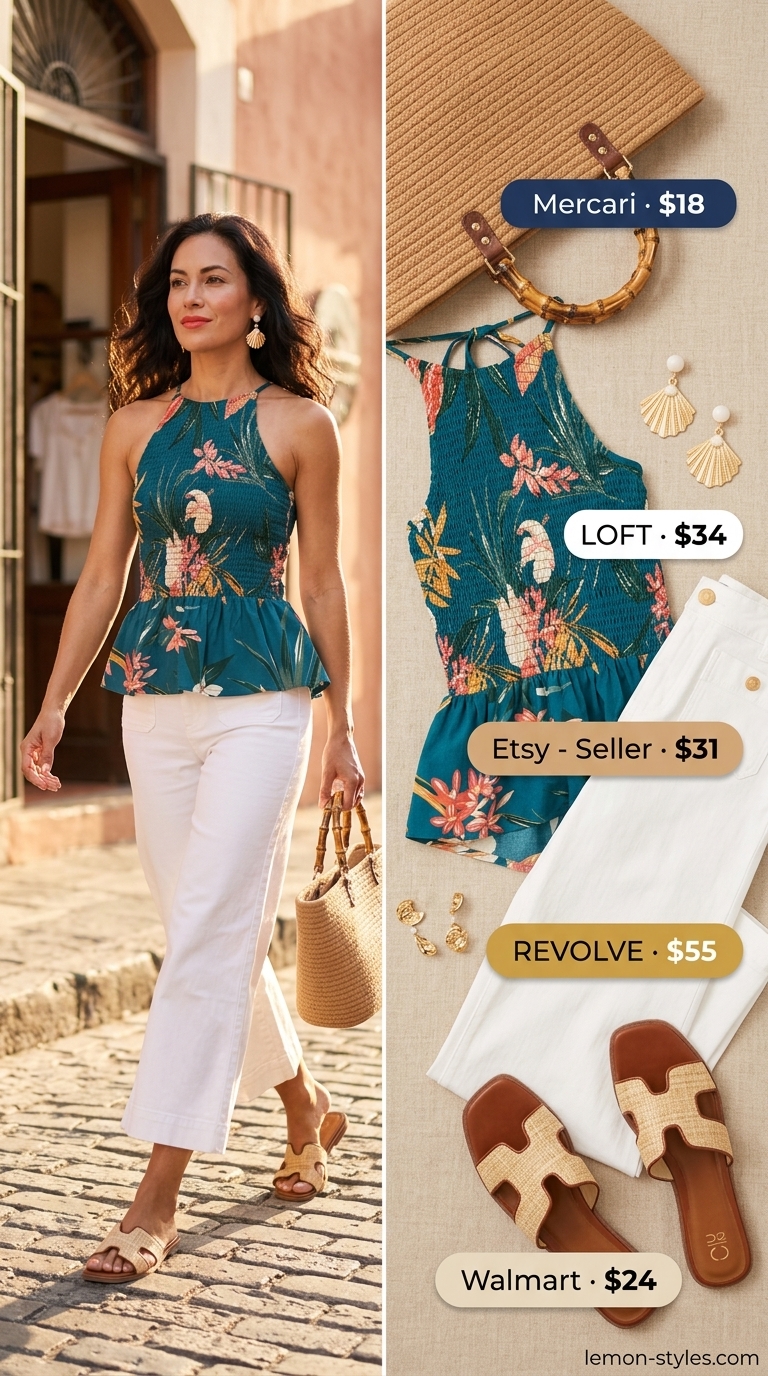 Tropical summer halter top with wide pants outfits for women 2026: turquoise print halter, white wide pants, straw bag, raffia slides.