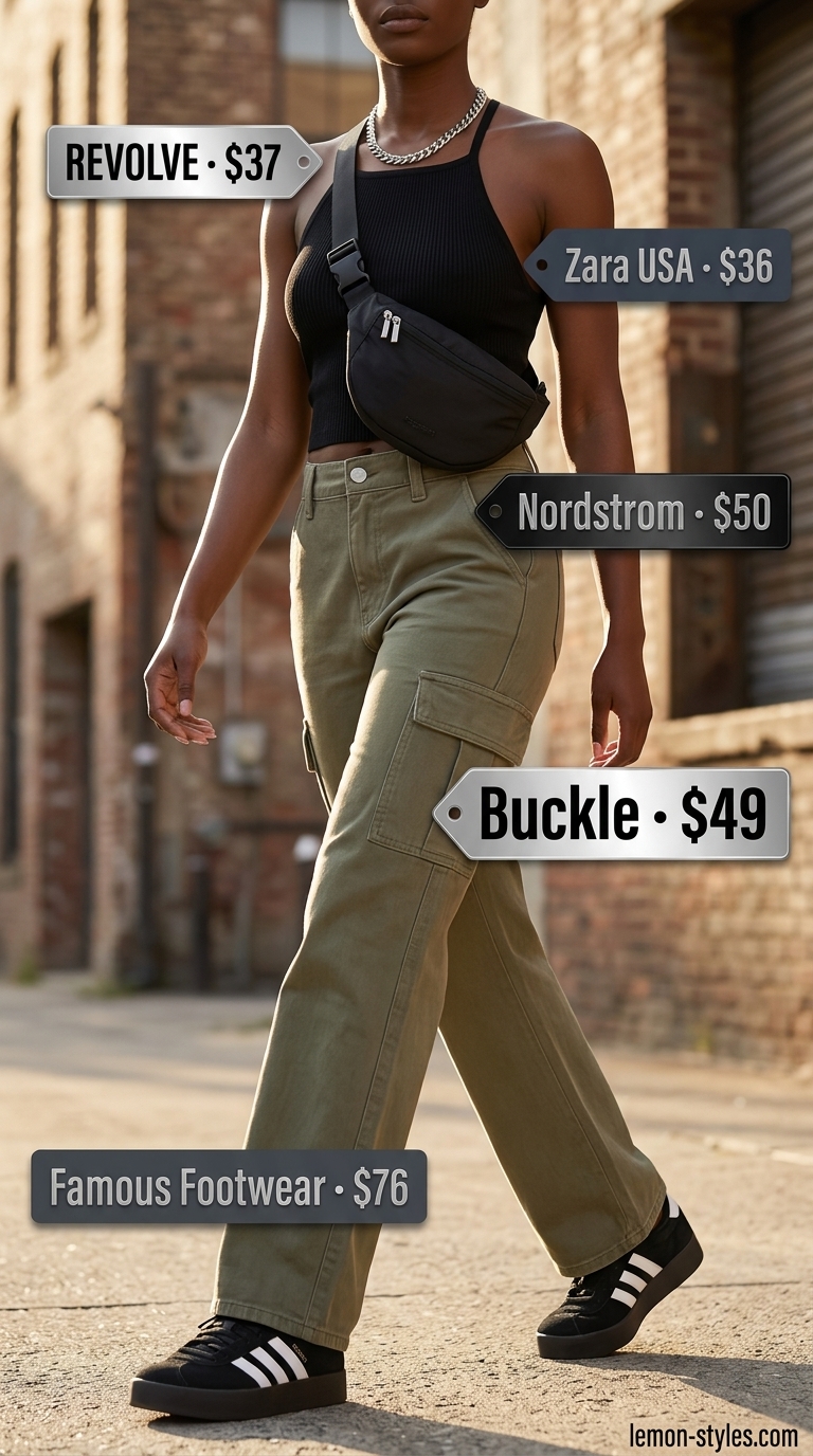 Urban safari summer halter top with wide pants outfits for women 2026: black halter, olive cargo pants, platform sneakers, silver necklace.