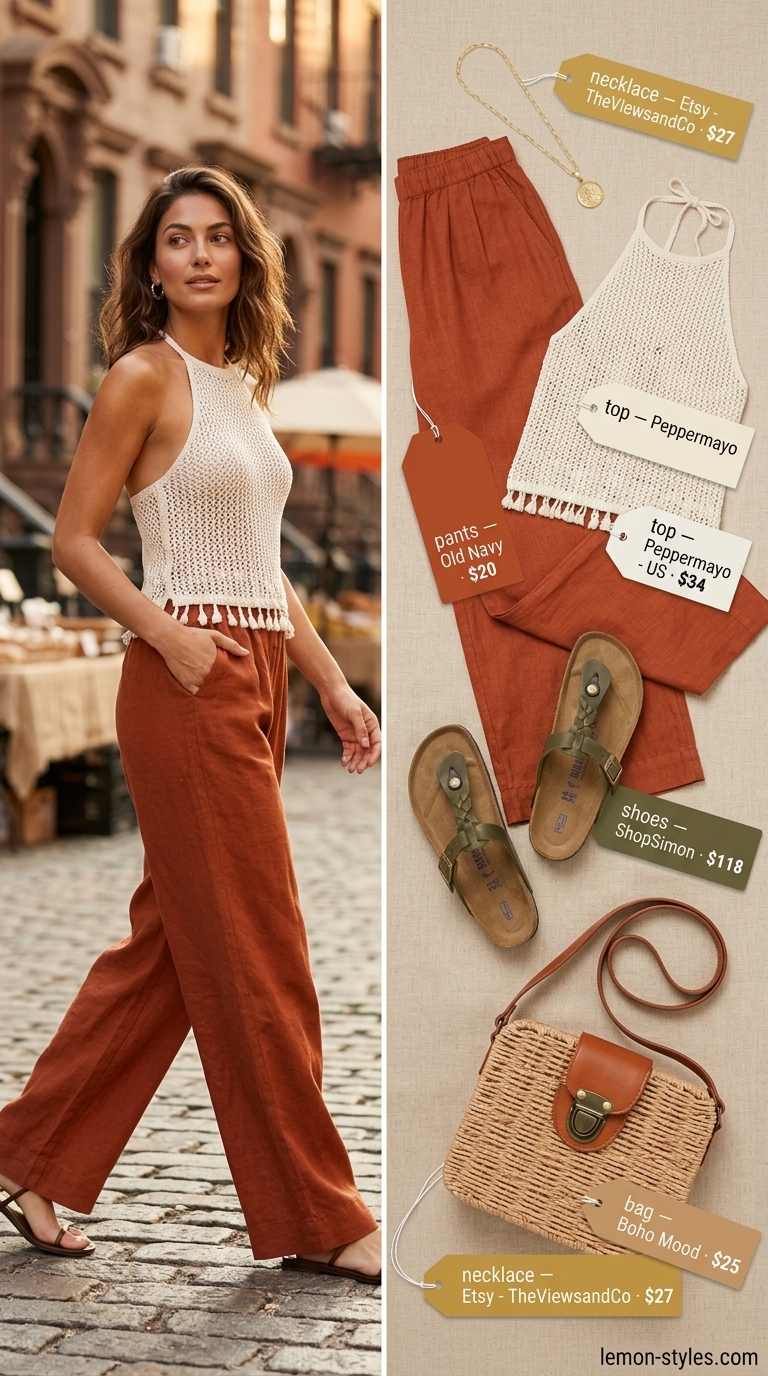 Cream crochet halter top with rust orange linen wide-leg pants for a boho festival look 2026.