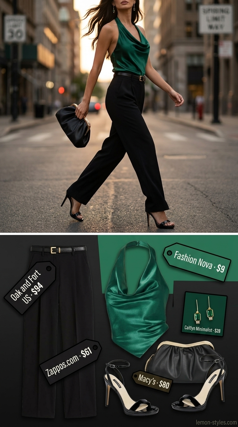 Emerald green satin halter top with black tailored wide-leg pants for a cocktail party 2026.