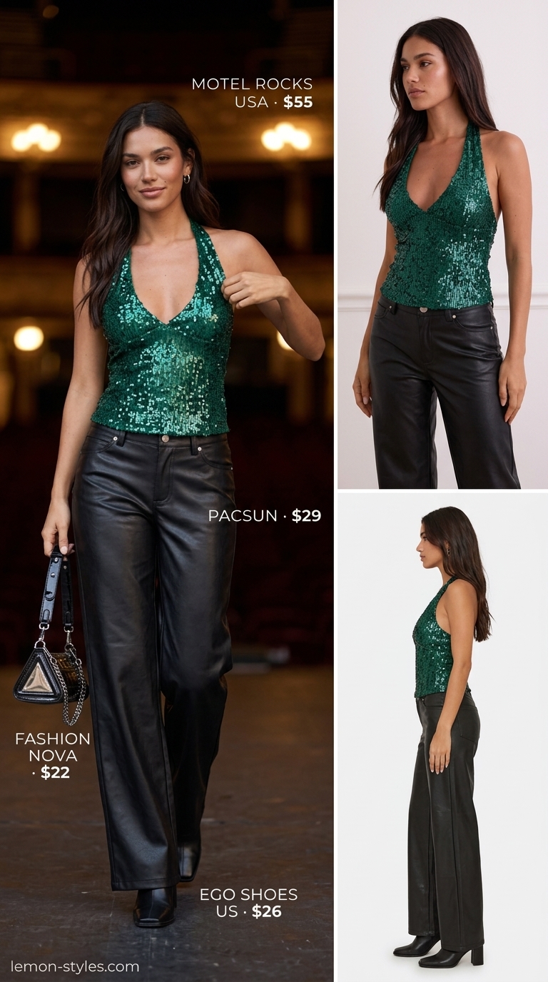 Emerald green sequin halter top with black faux leather wide-leg pants for a concert night out 2026.