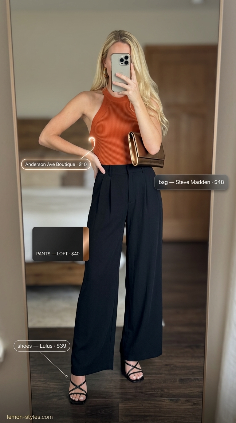 Rust orange knit halter top with black flowy wide-leg pants for a golden hour dinner date 2026.