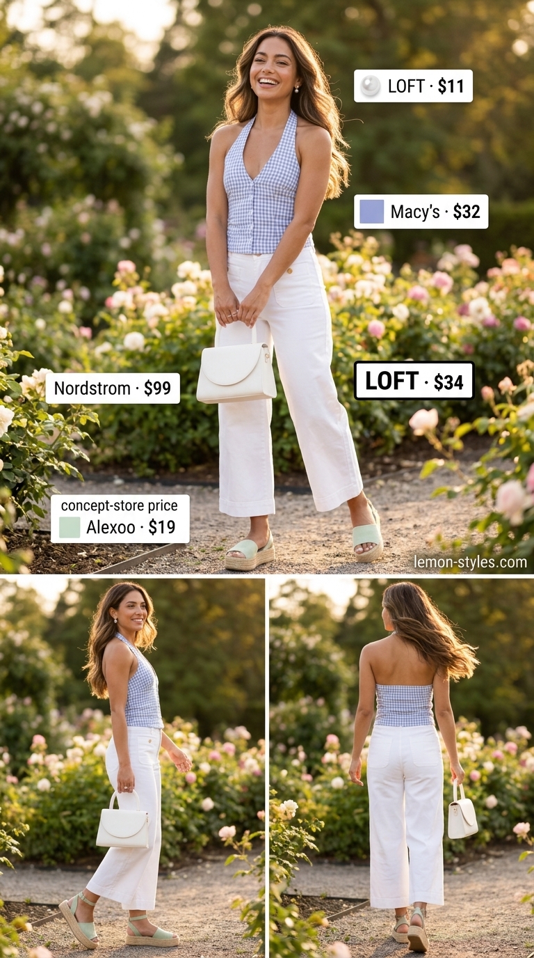 Lavender gingham halter top with white cropped wide-leg pants for a preppy garden party look 2026.