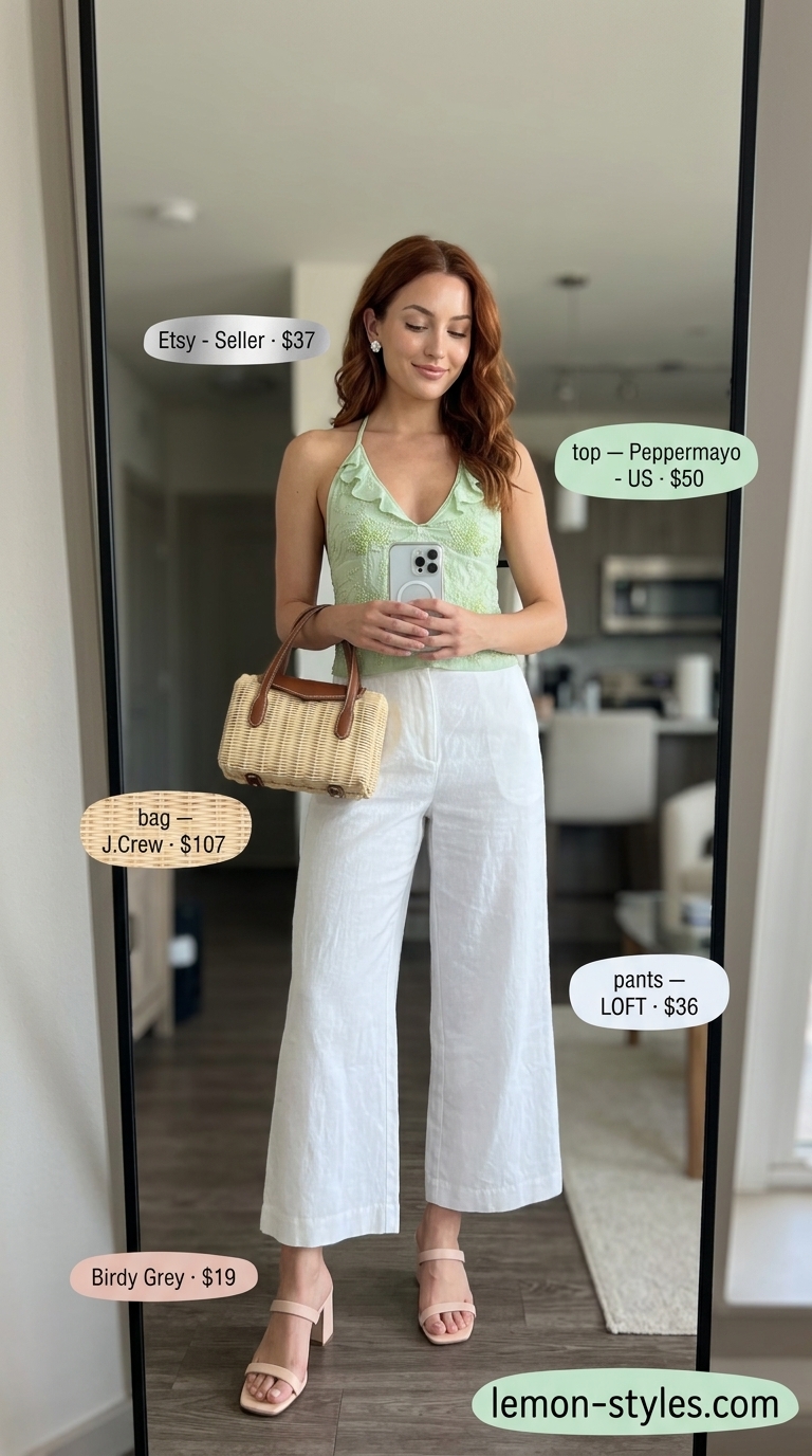 Mint green eyelet halter top with white wide-leg culottes for a garden party outfit 2026.