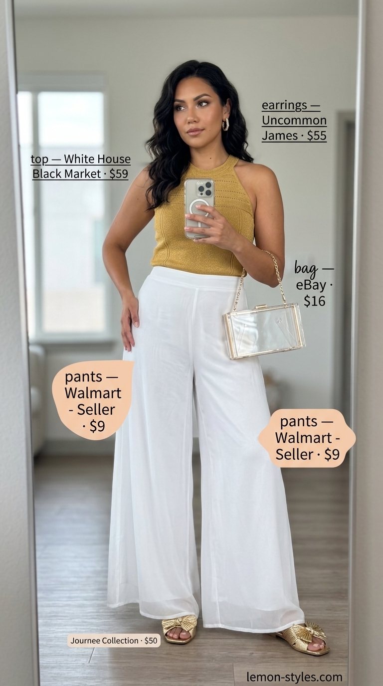 Gold metallic knit halter top with sheer white wide-leg pants for a glamorous poolside look 2026.