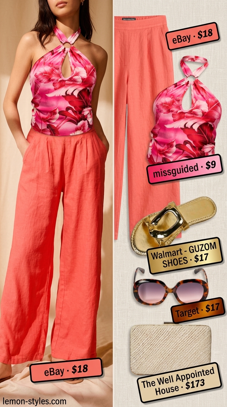 Tropical floral halter top with coral wide-leg linen pants for a resort getaway 2026.