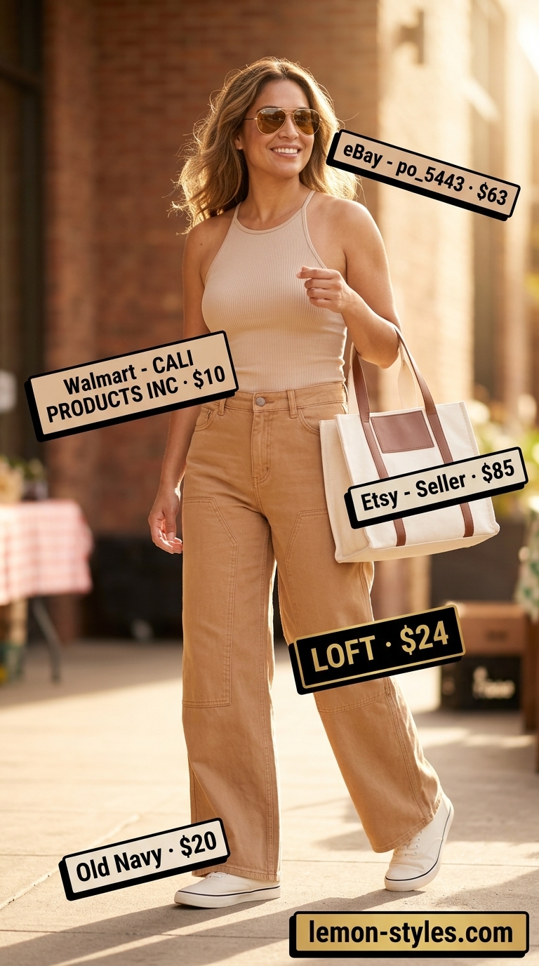 Tan ribbed knit halter top with khaki utility wide-leg pants for safari chic errands 2026.