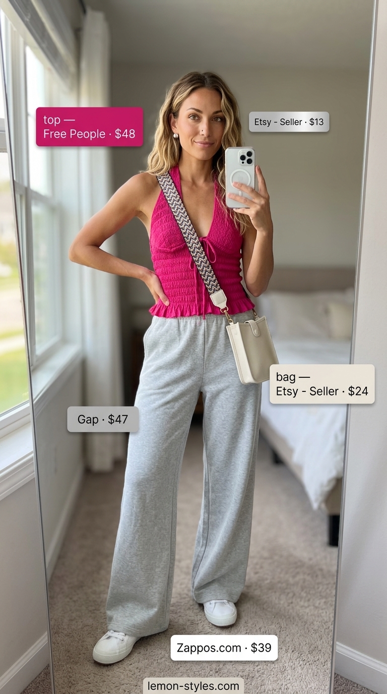 Fuchsia smocked halter crop top with heather grey wide-leg jersey pants for vacation comfort 2026.