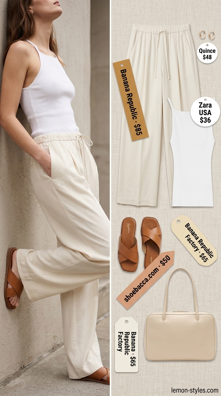 Chic white halter top with beige flowy wide pants for women 2026. Perfect for brunch or a gallery visit.