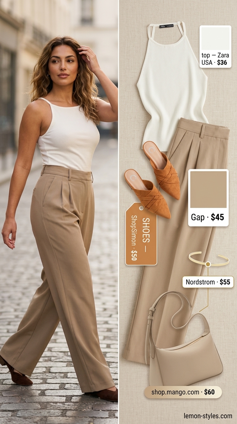 Minimalist off-white halter top with beige pleated wide pants for women 2026. Clean brunch look.