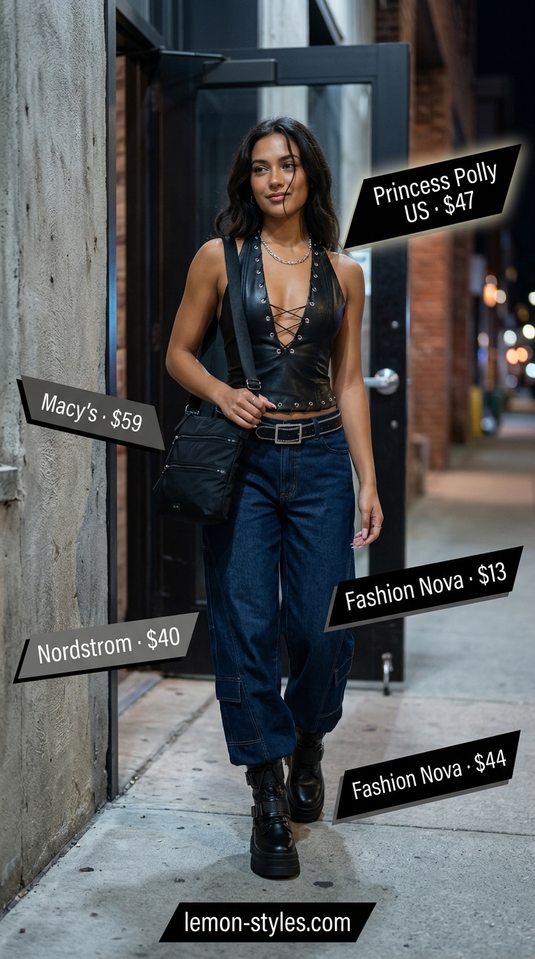 Edgy black faux leather halter top with dark wash denim wide pants for women 2026. Urban festival style.