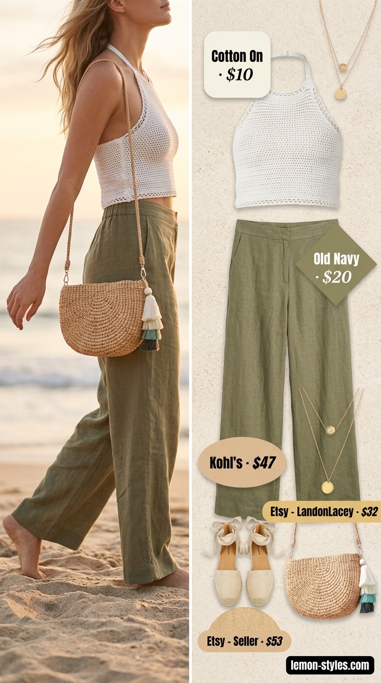 Boho cream crochet halter top with olive green wide pants for women 2026. Ideal for sunset gatherings.