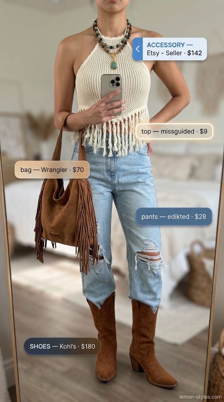 Boho ecru crochet halter top with light wash denim wide pants for women 2026. Festival ready style.