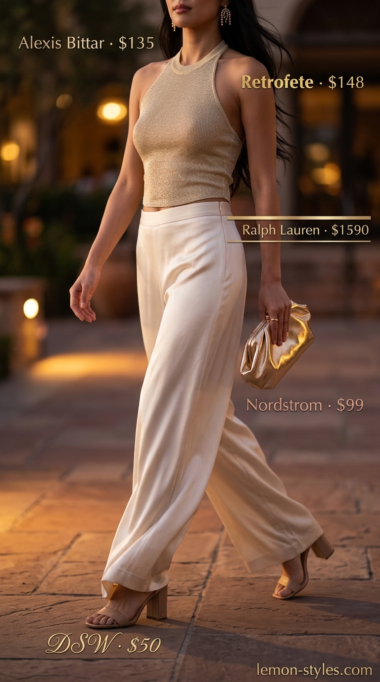 Glamorous gold metallic halter top with cream silky wide pants for women 2026. Perfect for golden hour.