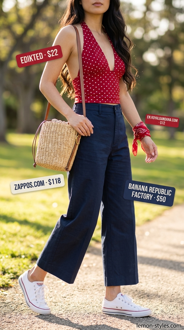 Retro red polka dot halter top with navy wide culottes for women 2026. Charming picnic style.