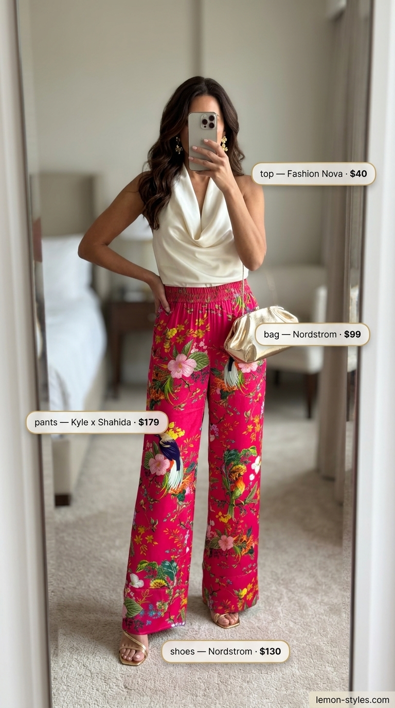 Glamorous cream halter top with tropical floral wide pants for women 2026. Perfect for resort dinners.