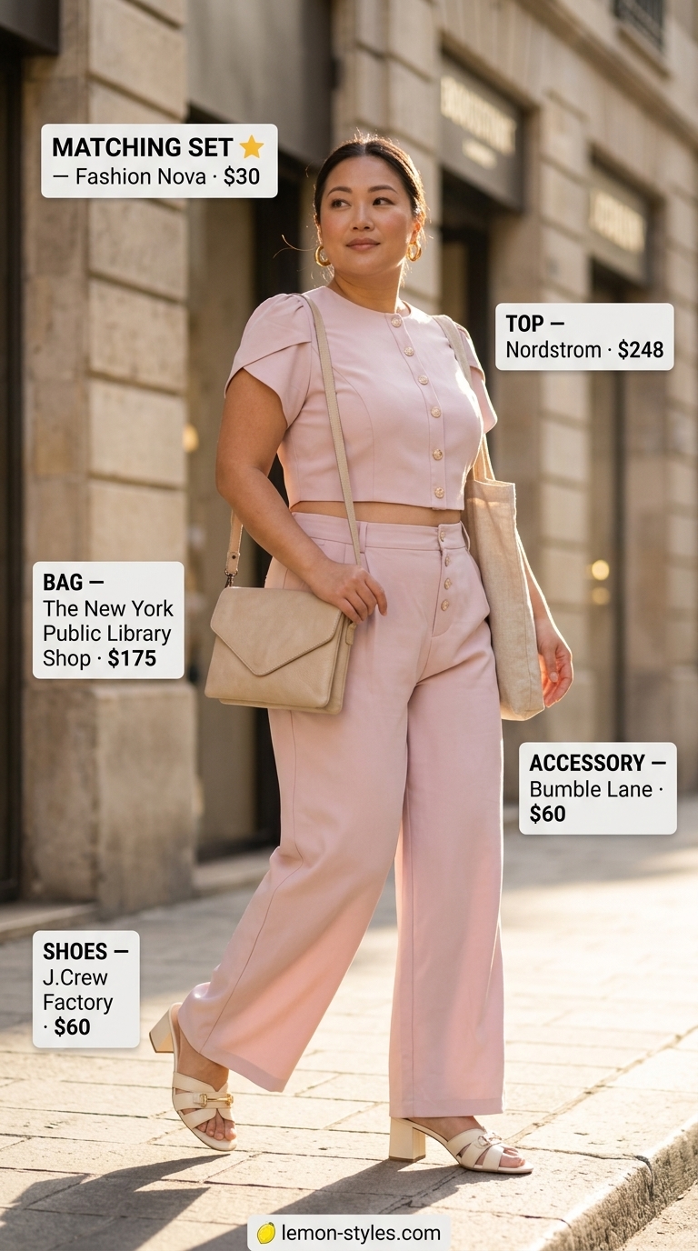 Feminine Matching Set Outfit 2026 Blush pink matching set with cream mules and gold earrings for summer hot tops outfit 2026.