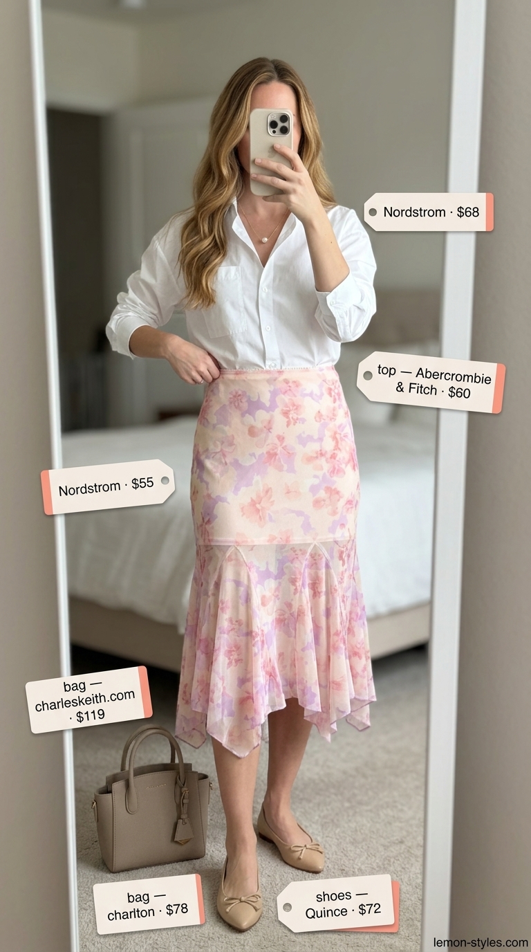 Elegant Summer Hot Tops Outfit 2026: Blush Skirt Romantic summer hot tops outfit 2026: blush skirt, white shirt, ballet flats for elegant evening.