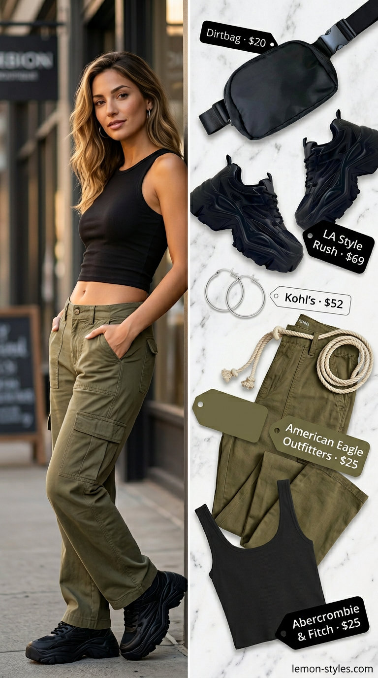 Edgy Summer Hot Tops Outfit 2026: Urban Explorer Practical summer hot tops outfit 2026: cargo pants, ribbed tank, platform sneakers for city exploration.