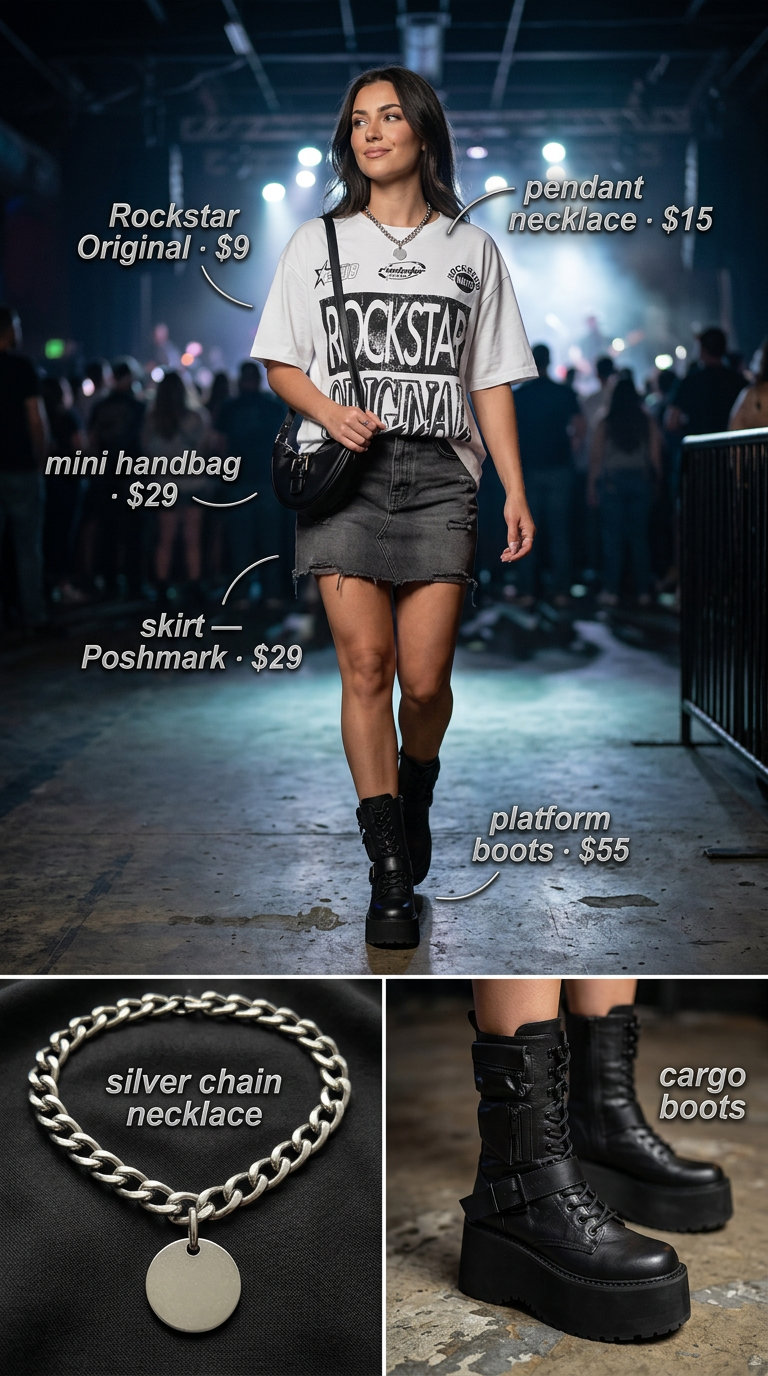 Edgy Summer Hot Tops Outfit 2026: Night Out Style Edgy summer hot tops outfit 2026: black graphic tee, denim mini skirt, platform boots for a night out.
