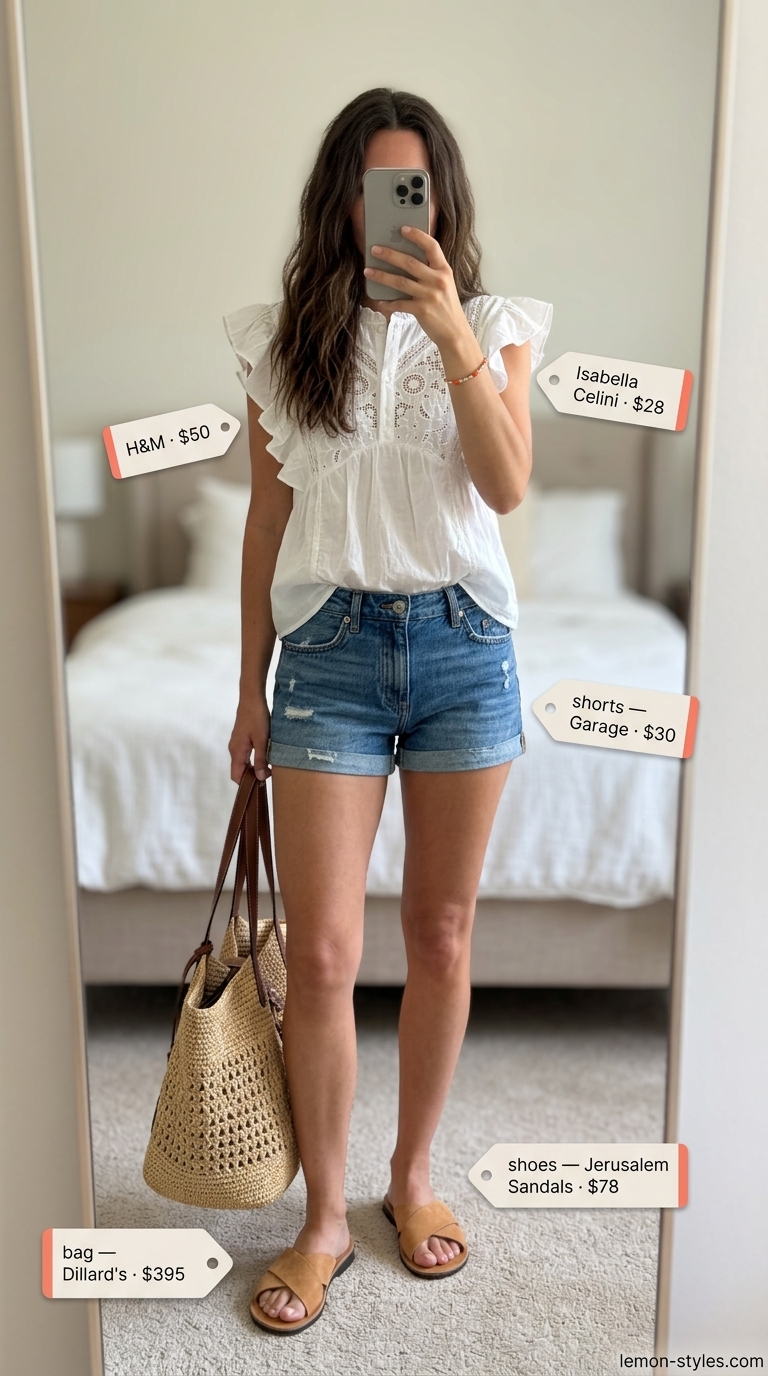 Coastal Denim Shorts Outfit 2026 Denim shorts with white peasant blouse and leather sandals for summer hot tops outfit 2026.