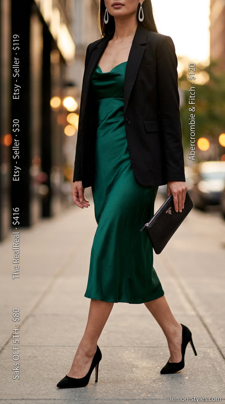 Elegant Emerald Dress Outfit 2026 Emerald green satin slip dress with black blazer and heels for summer hot tops outfit 2026.