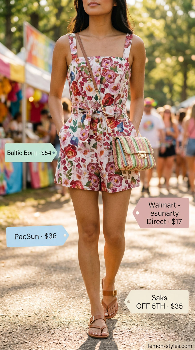 Playful floral romper with straw bag and flat sandals for a fun summer hot tops outfit 2026 festival look.