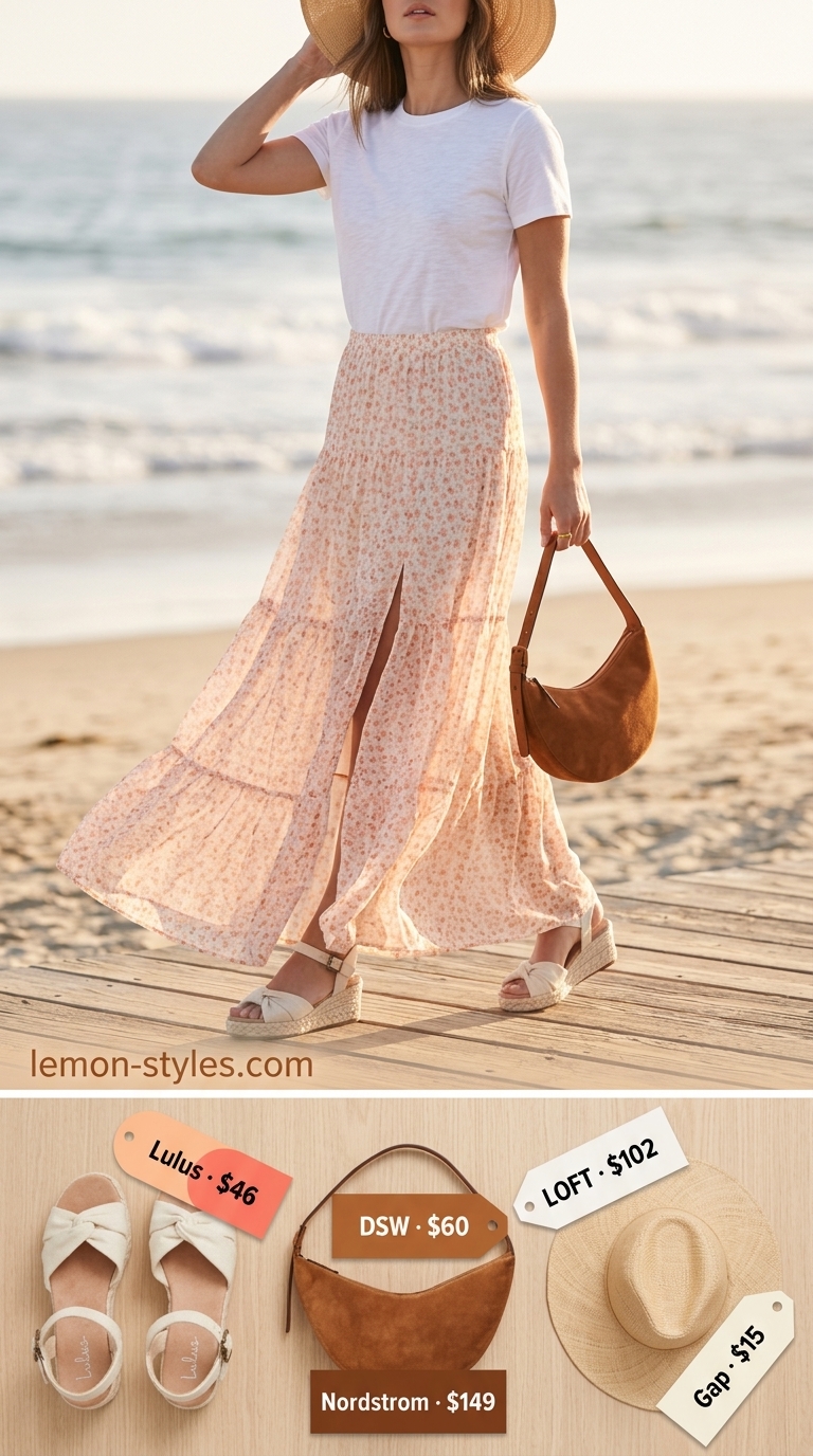 Boho Floral Skirt Outfit 2026 Floral maxi skirt with white t-shirt and espadrille wedges for summer hot tops outfit 2026.