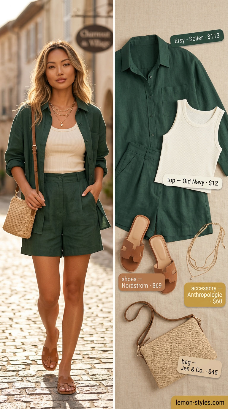 Chic Summer Hot Tops Outfit 2026: Linen Shorts Set Relaxed summer hot tops outfit 2026: linen shorts set, tank top, slides for vacation lounging.