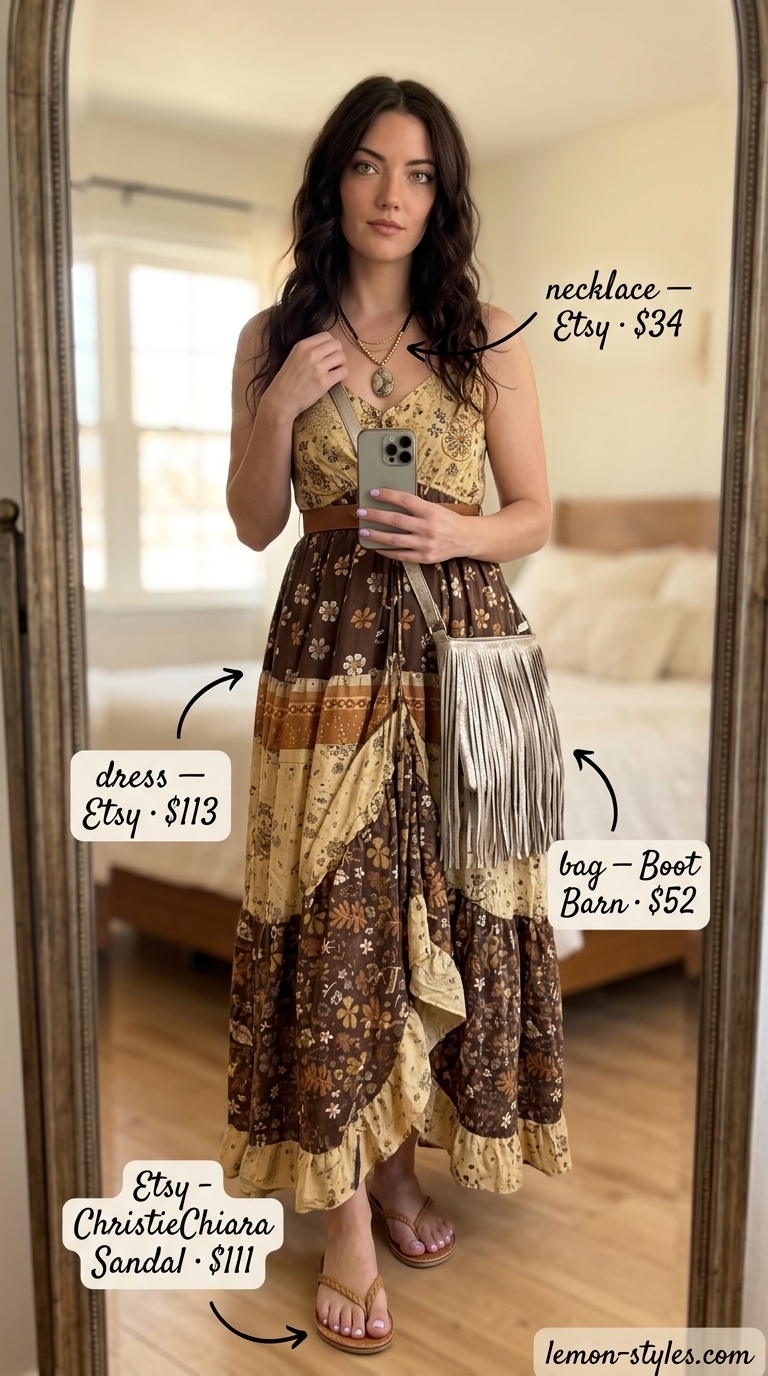 Boho Summer Hot Tops Outfit 2026: Beach Maxi Dress Bohemian summer hot tops outfit 2026: maxi dress, suede bag, flat sandals for beach vacation.
