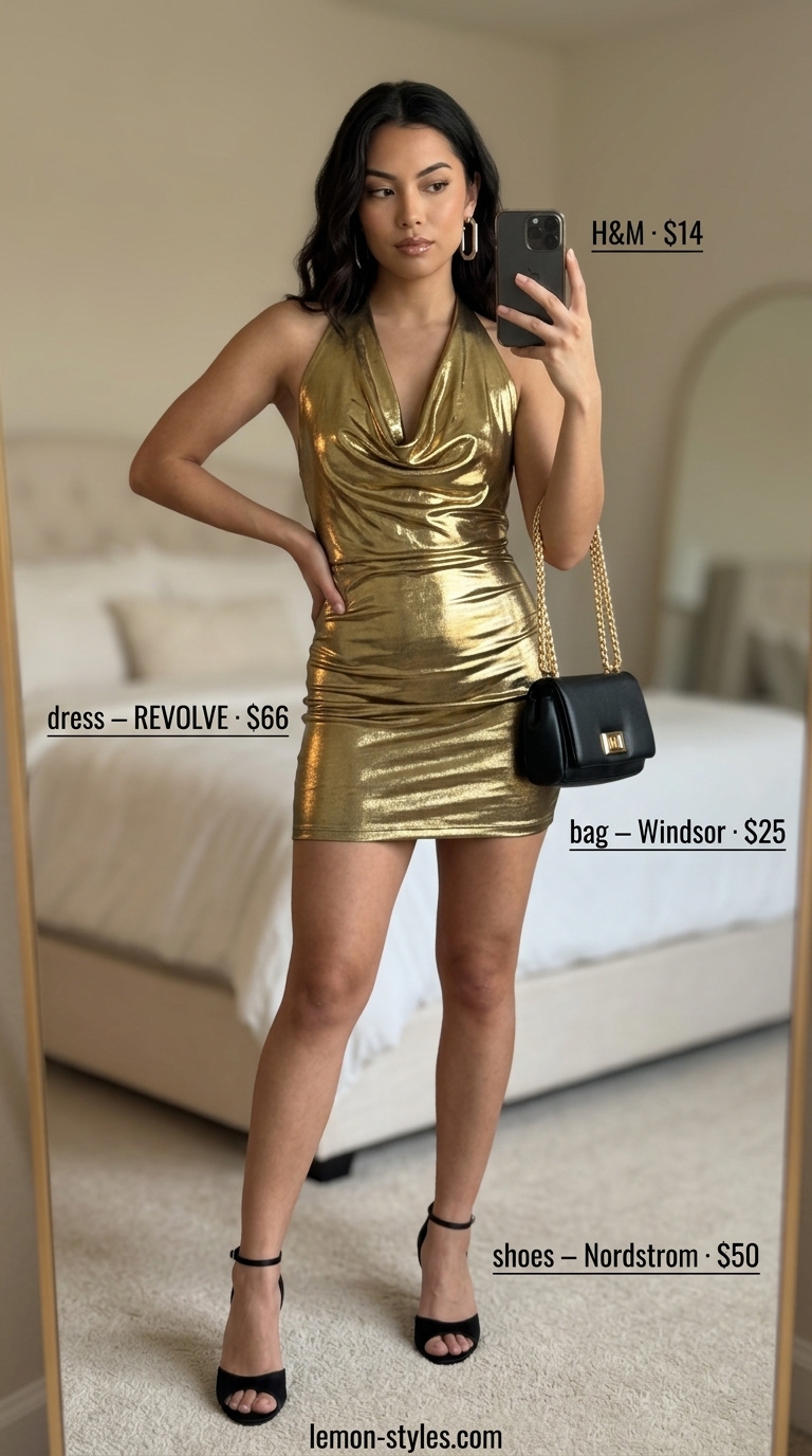 Glamorous Gold Dress Outfit 2026 Metallic gold mini dress with black chain bag and silver earrings for summer hot tops outfit 2026 party.
