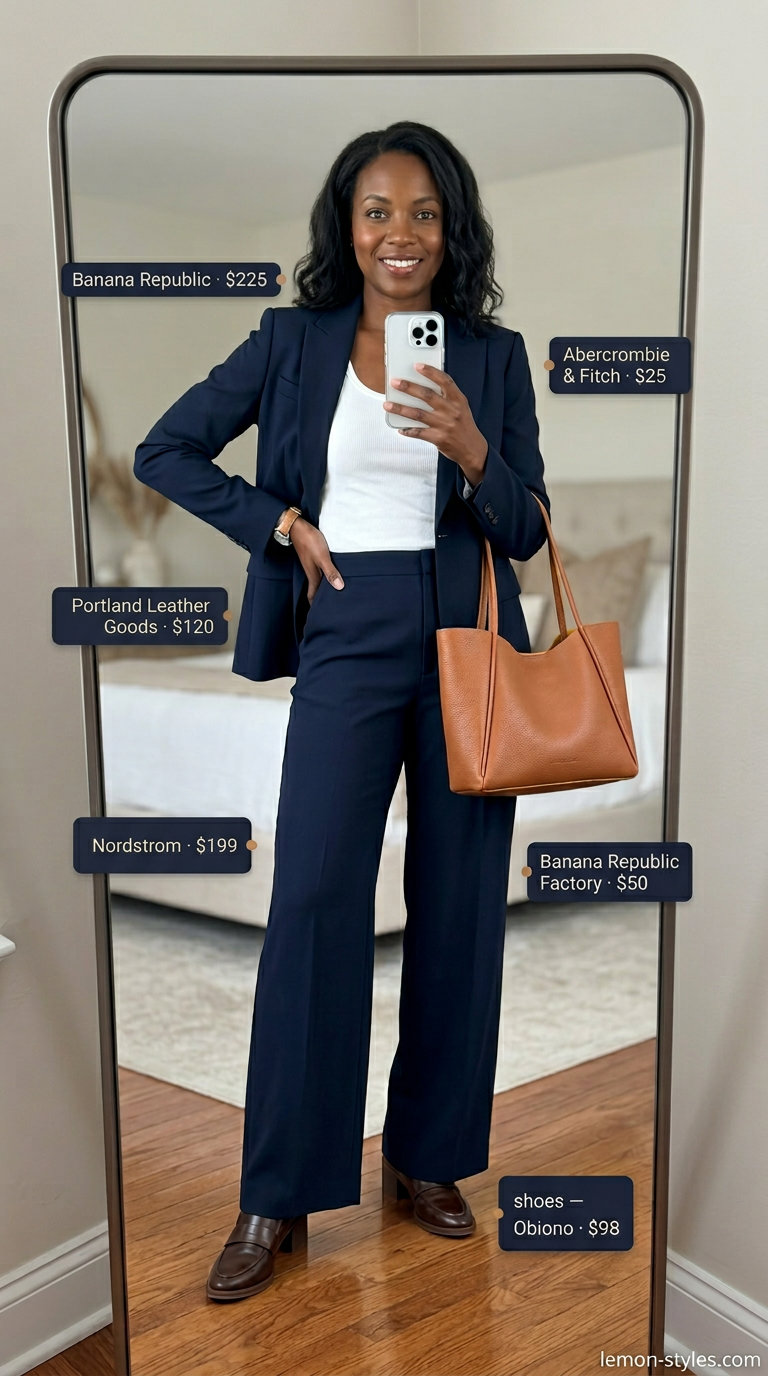 Summer Hot Tops Outfit 2026: Workwear Chic Navy blue blazer & white ribbed tank top with wide-leg trousers for a polished summer hot tops outfit 2026.