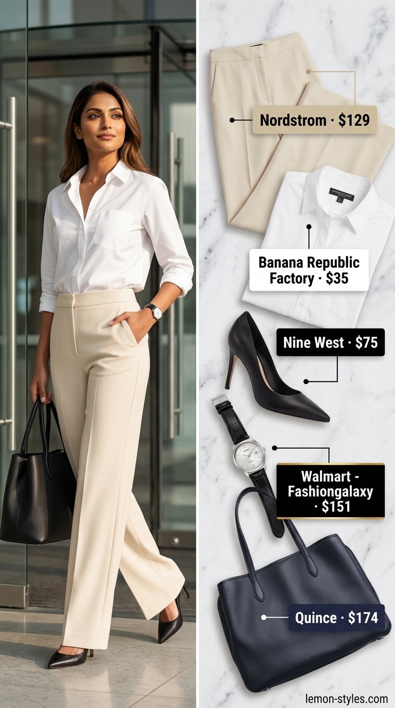 Summer Hot Tops Outfit 2026: Office Sophistication Sophisticated beige wide-leg trousers with white button-down shirt for a modern summer hot tops outfit 2026.
