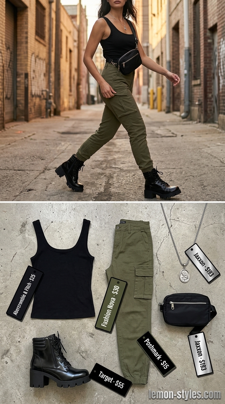 Edgy Cargo Pants Outfit 2026 Olive green cargo pants with black tank top and combat boots for summer hot tops outfit 2026.