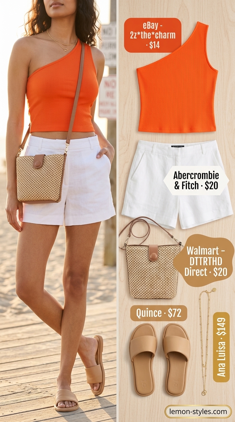Vibrant Orange Crop Top Outfit 2026 Orange one-shoulder crop top with linen shorts and straw bag for summer hot tops outfit 2026.