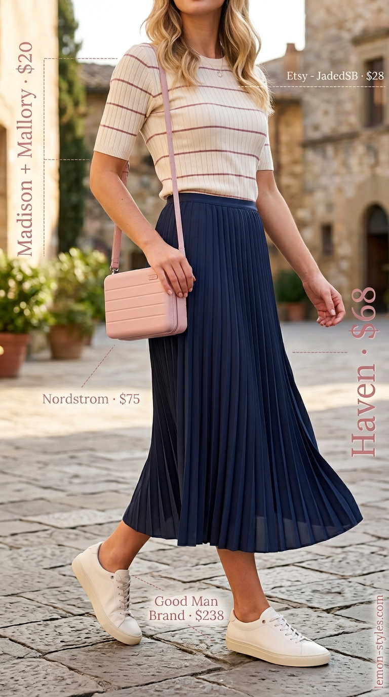 Feminine Summer Hot Tops Outfit 2026: Pleated Skirt Feminine summer hot tops outfit 2026: pleated skirt, striped top, sneakers for shopping day.