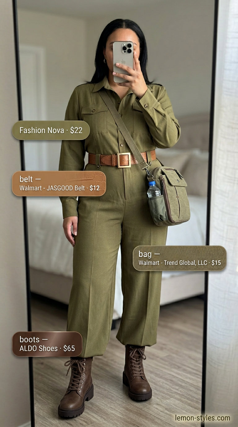 Summer Hot Tops Outfit 2026: Safari Chic Adventurous olive green utility jumpsuit with leather belt for a chic summer hot tops outfit 2026.