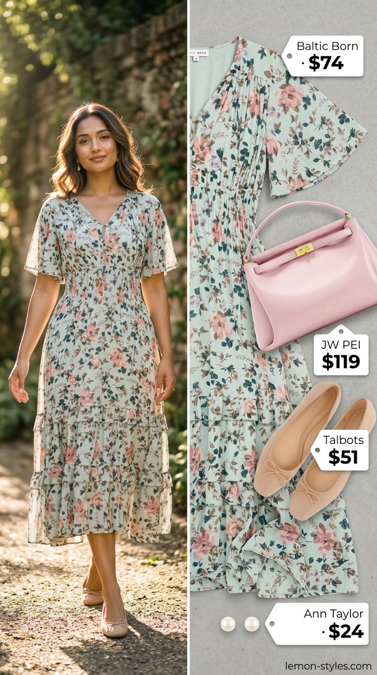 Summer Hot Tops Outfit 2026: Spring Garden Party Romantic pastel floral wrap dress with cream ballet flats for a feminine summer hot tops outfit 2026.