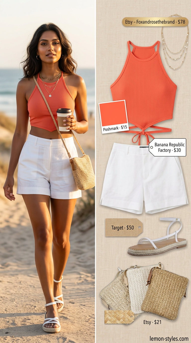 Vibrant Summer Hot Tops Outfit 2026: Beach Happy Hour Playful summer hot tops outfit 2026: orange crop top, white linen shorts, espadrilles for beach happy hour.