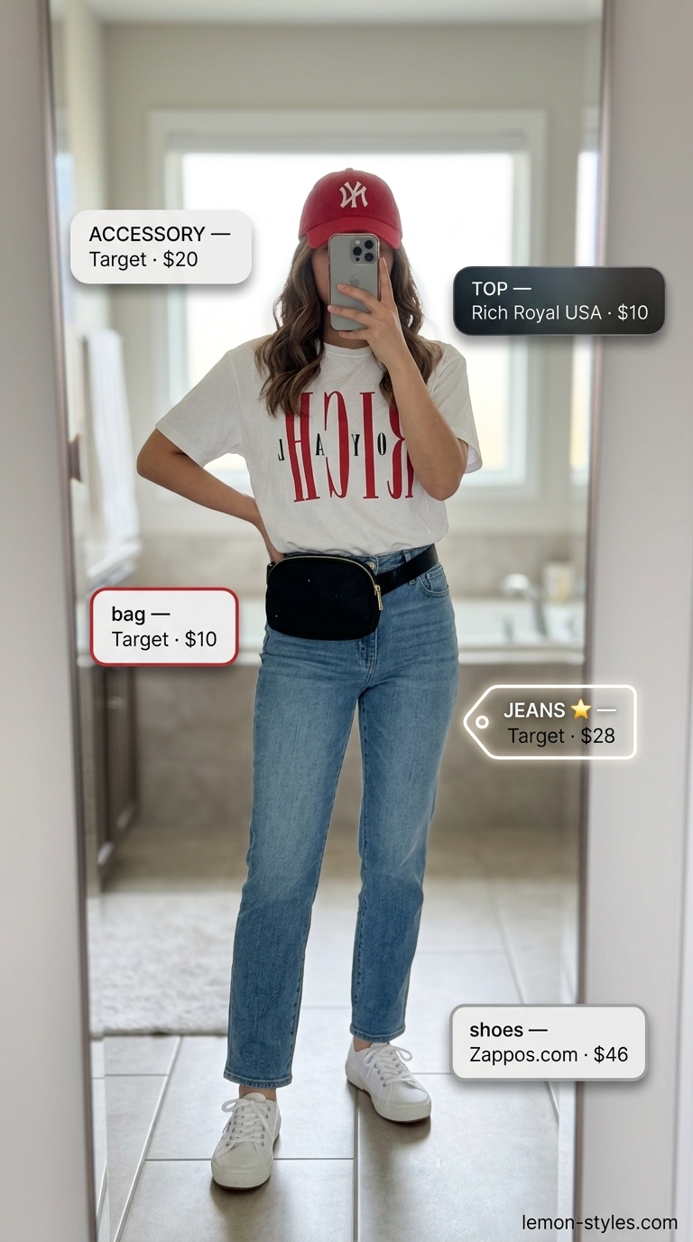 Summer Hot Tops Outfit 2026: Weekend Casual Casual summer hot tops outfit 2026 with light wash jeans, oversized graphic tee, and red cap.