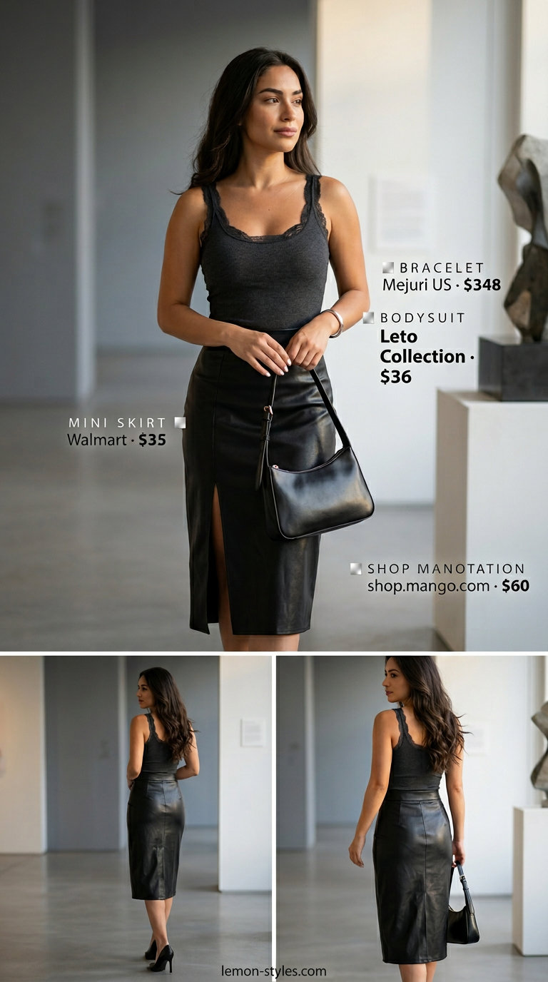 Summer Lace Bodysuit Outfits 2026: Art Gallery Chic Charcoal grey lace bodysuit outfit for women 2026, styled with a black faux leather midi skirt for an art gallery.