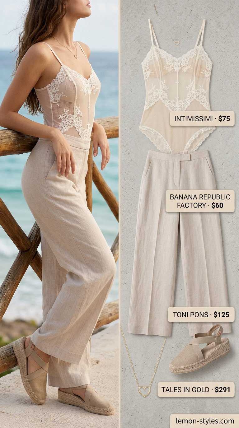 Summer Lace Bodysuit Outfits 2026: Coastal Serenity White lace bodysuit outfit for women 2026, styled with linen pants for a coastal brunch. Relaxed summer look.