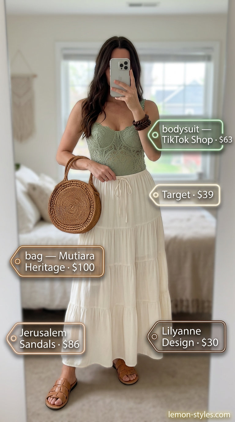 Summer Lace Bodysuit Outfits 2026: Garden Gathering Style Sage green lace bodysuit outfit for women 2026, styled with a cream tiered maxi skirt for a garden party. Earthy boho style.