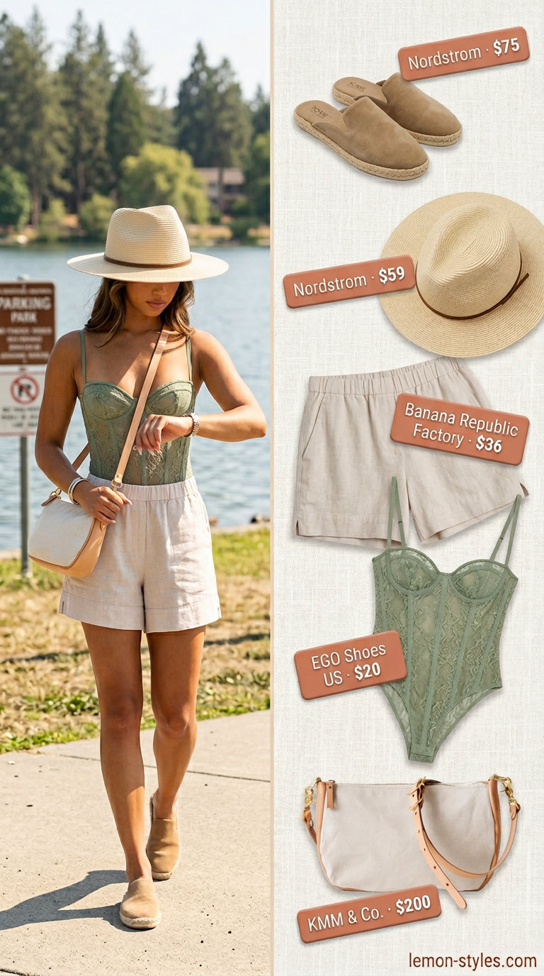 Summer Lace Bodysuit Outfits 2026: Lakeside Picnic Comfort Sage green lace bodysuit outfit for women 2026, styled with linen shorts for a lakeside picnic. Comfortable and natural.