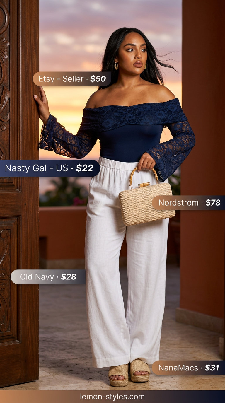 Summer Lace Bodysuit Outfits 2026: Resort Evening Glam Navy lace bodysuit outfit for women 2026, styled with white palazzo pants for resort evening glam. Elegant vacation look.