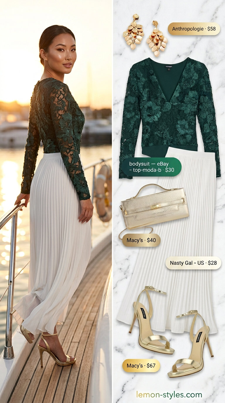 Summer Lace Bodysuit Outfits 2026: Sunset Cruise Glam Emerald green lace bodysuit outfit for women 2026, styled with a white chiffon maxi skirt for a summer wedding.