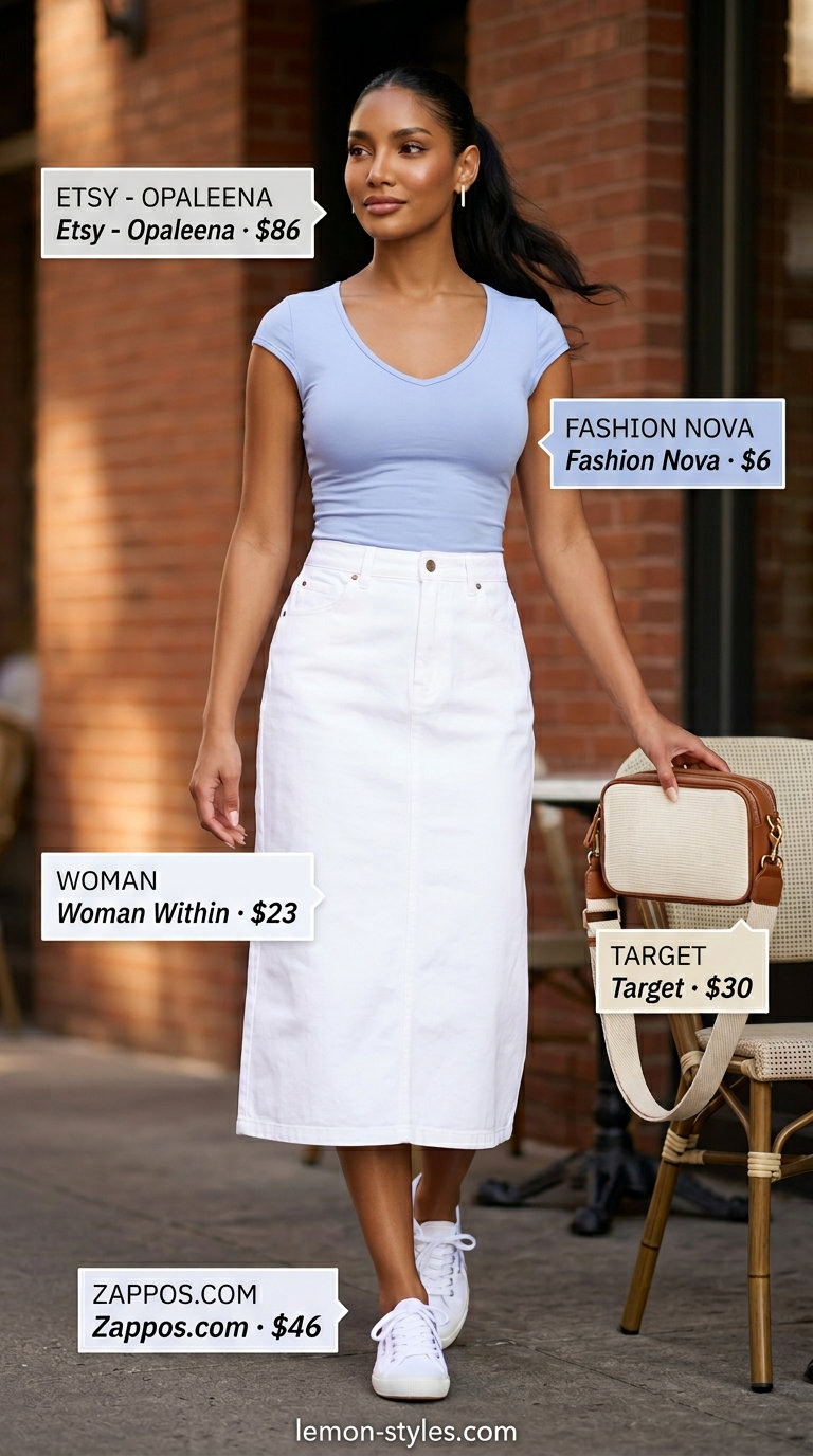 Pastel blue lace bodysuit outfit for women 2026, styled with a white denim midi skirt for a sweet summer day.