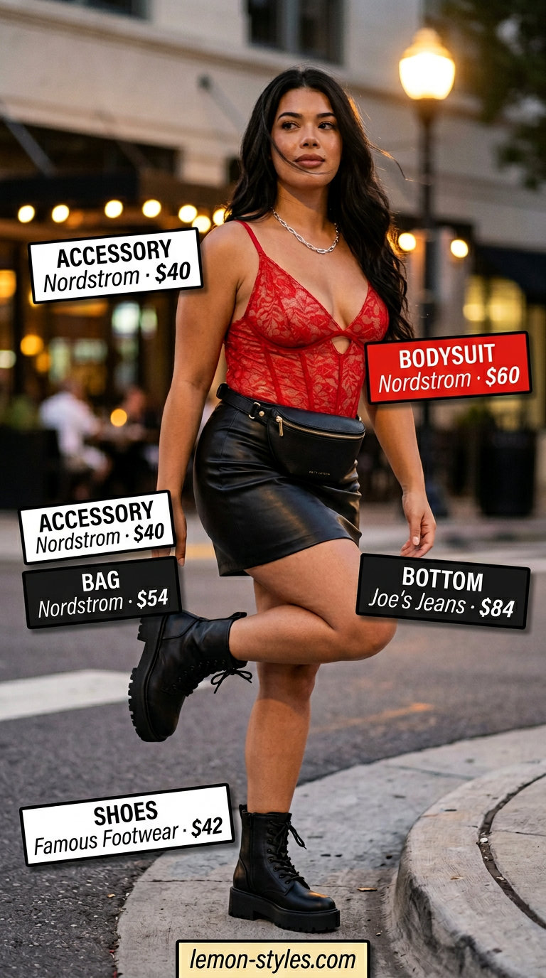 Summer Lace Bodysuit Outfits 2026: Urban Rebel Edge Red lace bodysuit outfit for women 2026, styled with a black faux leather mini skirt for a night out. Edgy concert look.